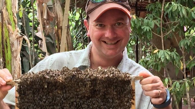 David Gilmore with a bee hive.