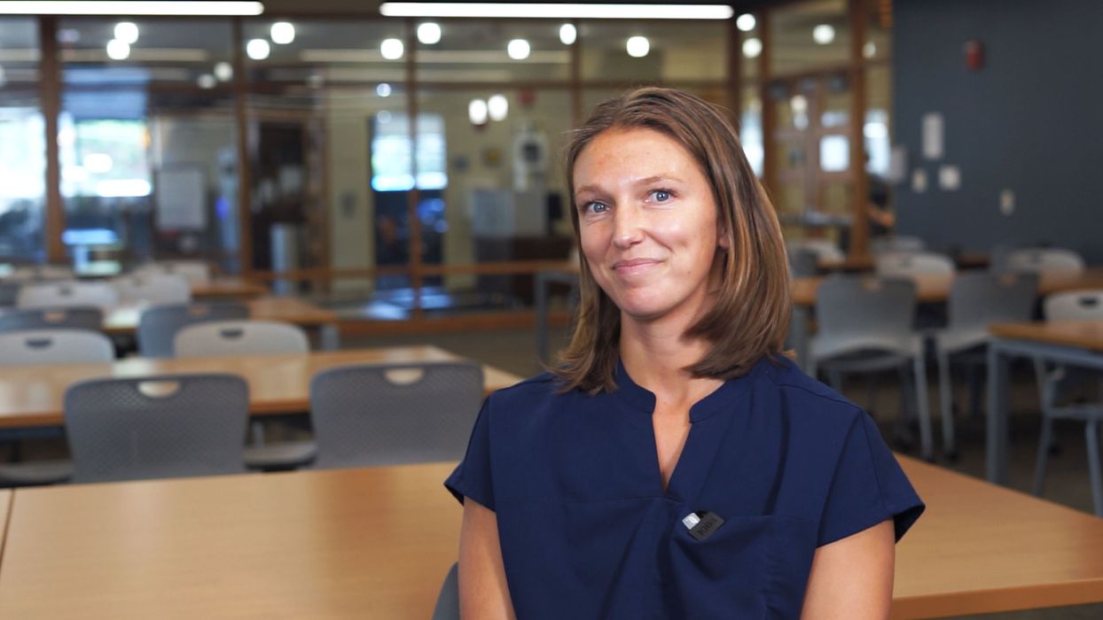 Abbie McCaffrey, MSOT '22, sits for an interview on her experience as an inpatient hospital occupational therapist and an MCPHS adjunct faculty member.