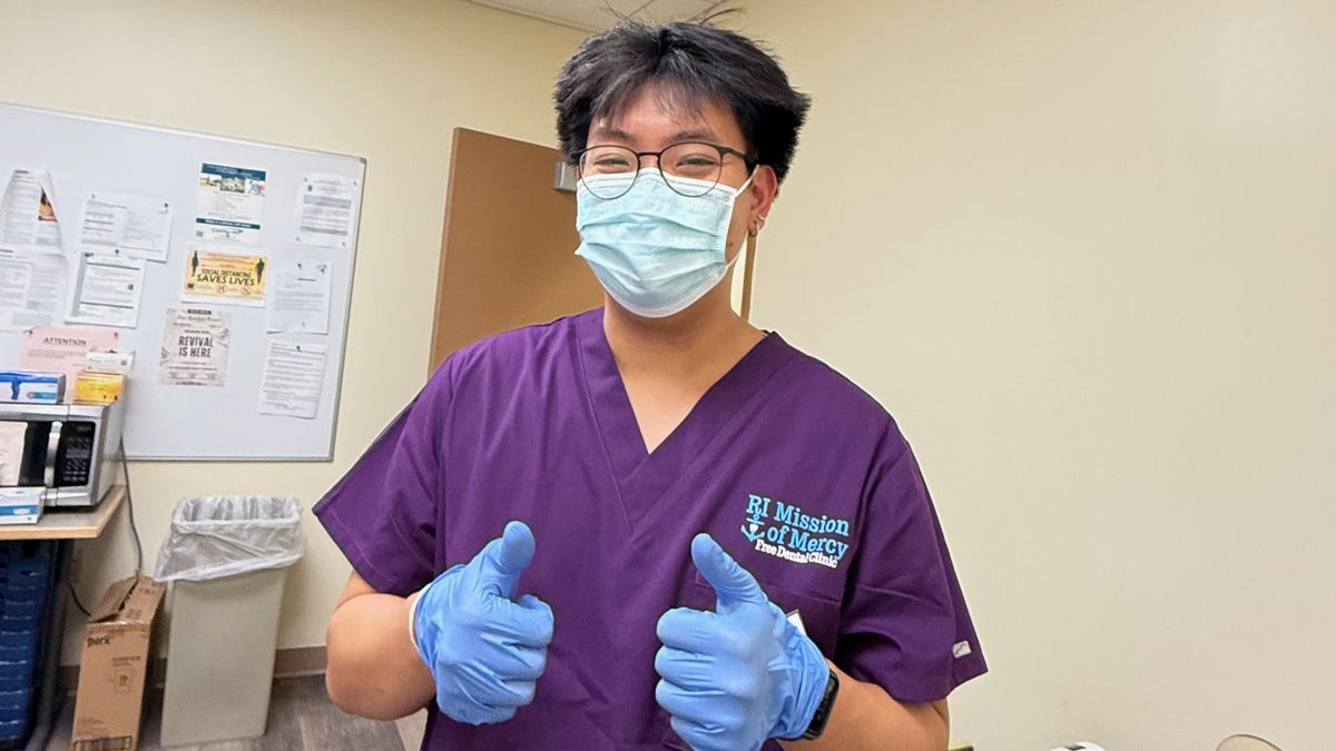 Gary Luo, Bachelor of Science in Predental-Dental Hygiene '25, was one of nine students from the Forsyth School of Dental Hygiene at Massachusetts College of Pharmacy and Health Sciences to volunteer at the Rhode Island Mission of Mercy dental clinic in Providence Oct. 4-5.