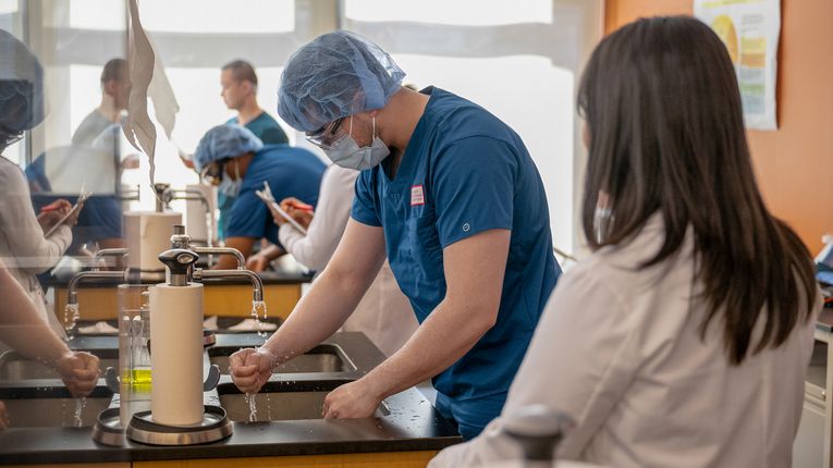Pharmacy students working in lab and class on the Worcester campus