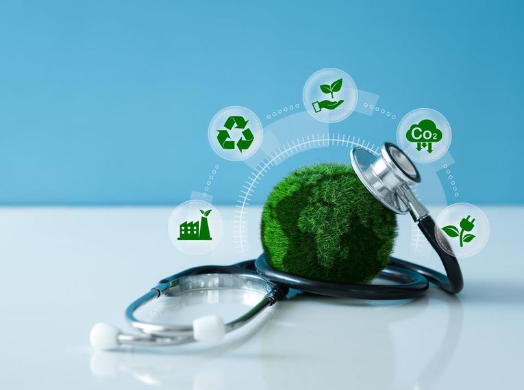 Green Earth and a stethoscope with Saving the environment and environmentally sustainable icon. 