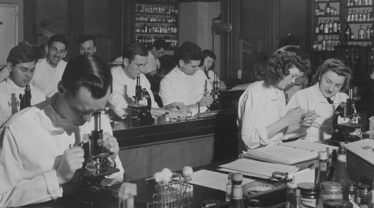 Students in the microbiology lab in 1948.