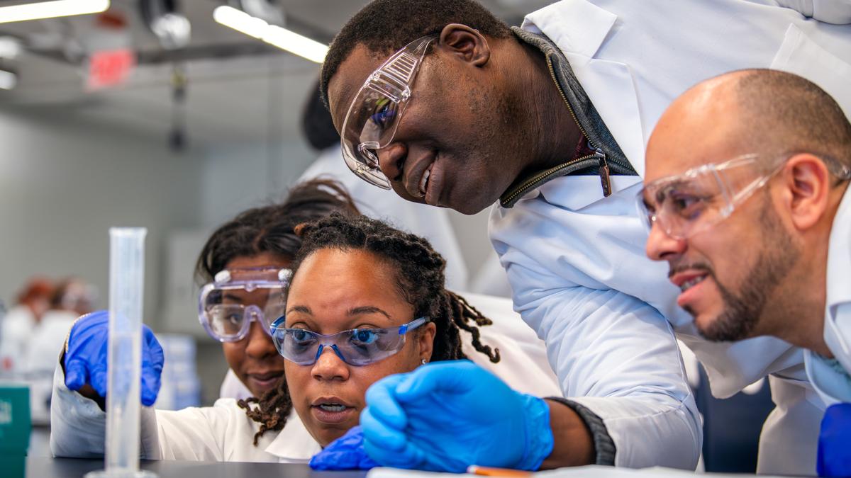 Two male and two female students look at a beaker.