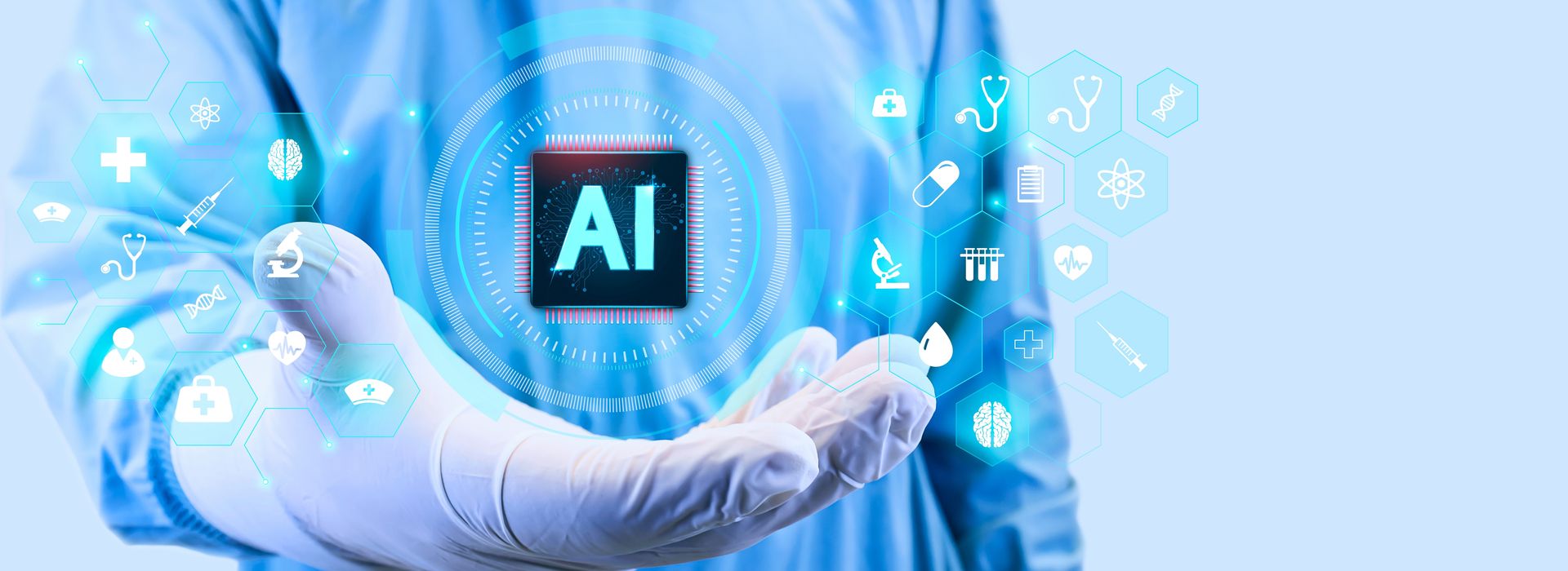 Doctor analyzes an artificial intelligence processor isolated on celestial background.