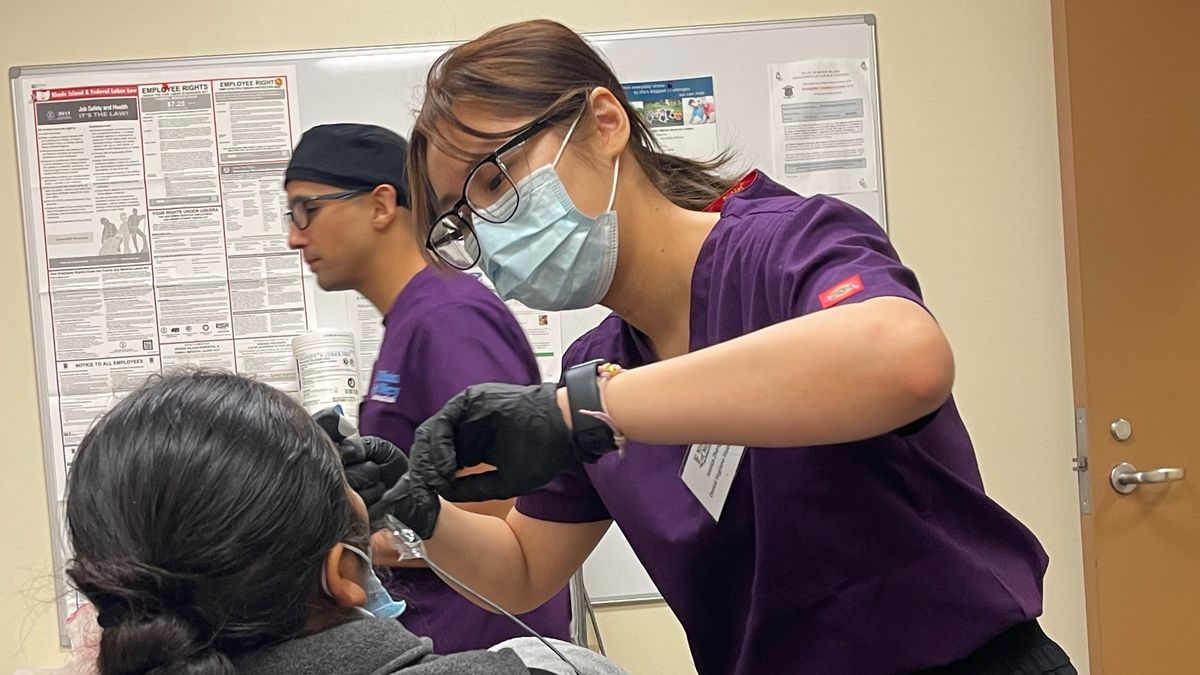 Jessica Zheng, Bachelor of Science in Predental-Dental Hygiene '26, was one of nine students from the Forsyth School of Dental Hygiene at Massachusetts College of Pharmacy and Health Sciences to volunteer at the Rhode Island Mission of Mercy dental clinic in Providence Oct. 4-5.