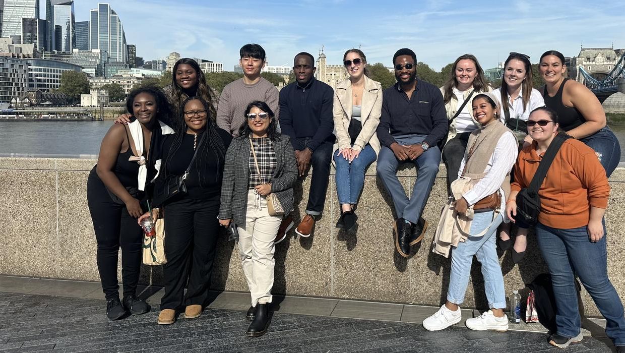 Students near the Tower Bridge in London.