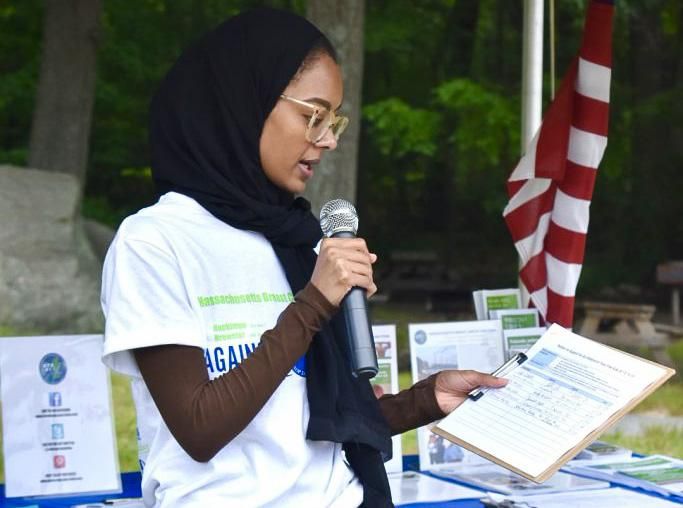 Sura Hassoun, MPH '23, MSOT '22, speaking at the Against the Tide Run, Swim, Walk event