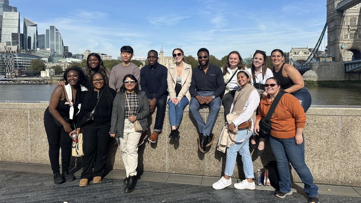 Students near the Tower Bridge in London.