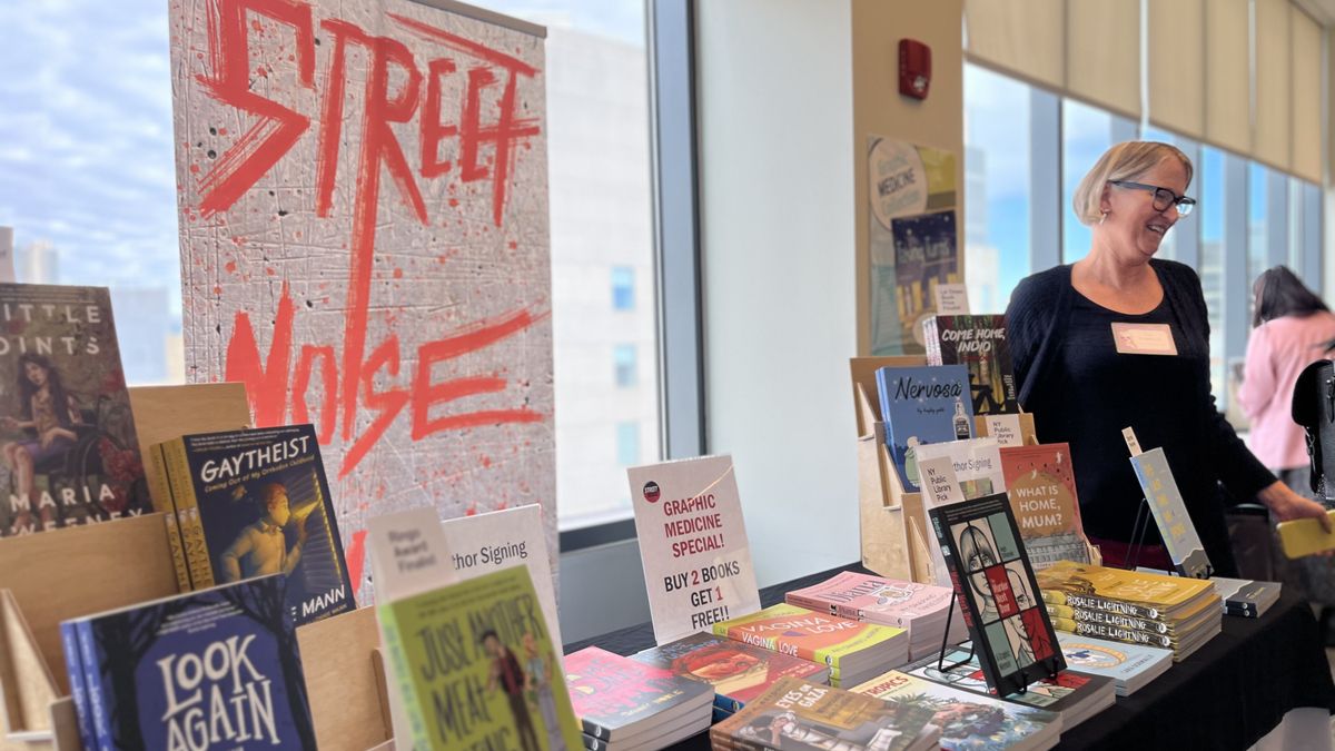 Books displayed on a table.