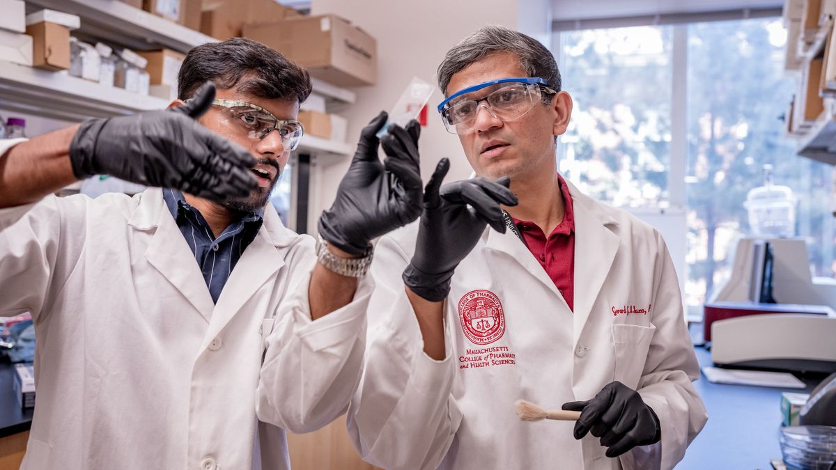 Professor and student talking in a chemistry lab. 