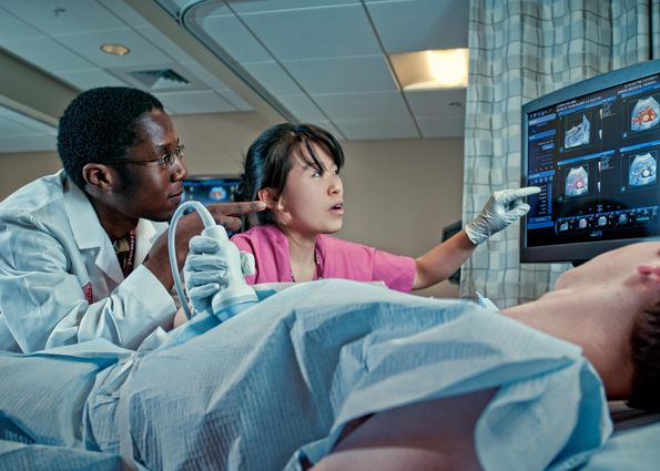 Student in MCPHS Diagnostic Medical Sonography lab.