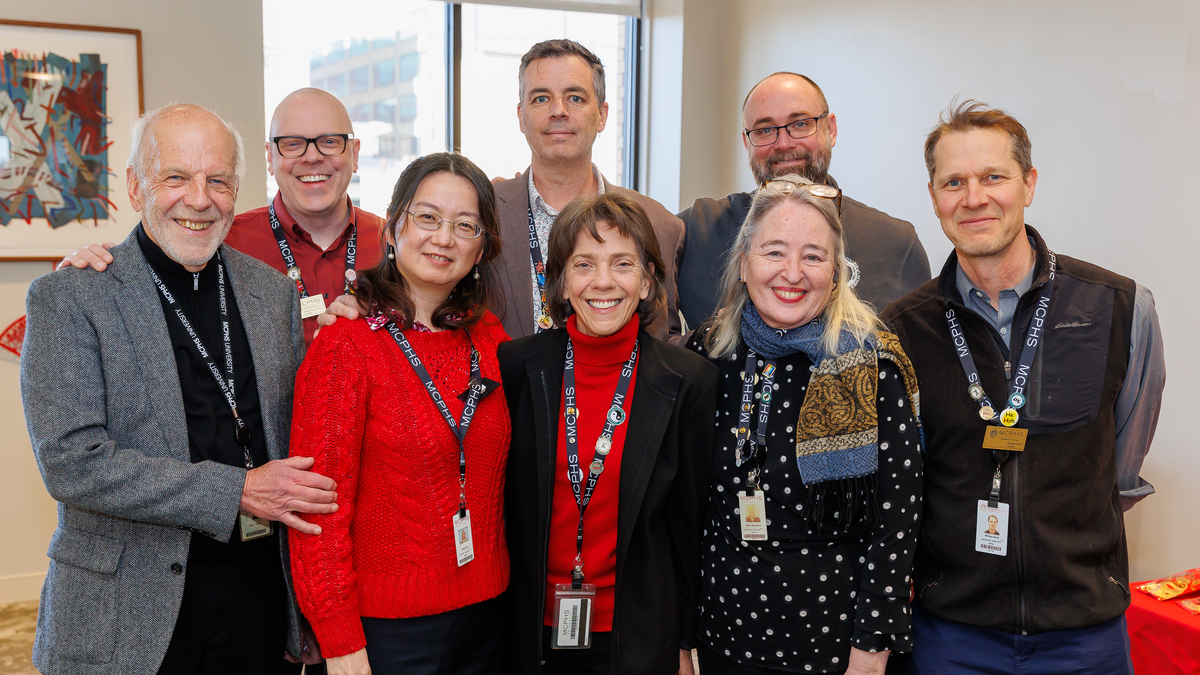 Dr. Dennis Moseman with MCPHS leadership and guests of honor at NESA's 50th reunion celebration.