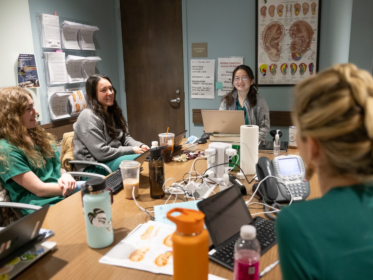 Students and faculty collaborating in the NESA acupuncture clinic on the MCPHS Worcester campus. 