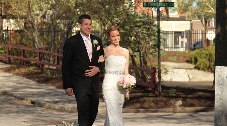 MCPHS alums Joel and Megan Brown, PharmD '12, fell in love in during school and got married in the courtyard on the Manchester campus. 