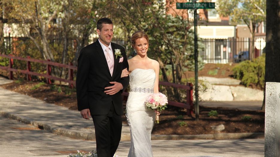 MCPHS alums Joel and Megan Brown, PharmD '12, fell in love in during school and got married in the courtyard on the Manchester campus. 