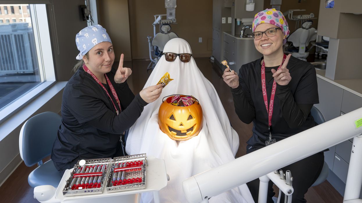 Ghosts sitting in a dental chair at MCPHS’s Forsyth Dental Hygiene Clinic in Worcester. (Mel Ostrowski photo)