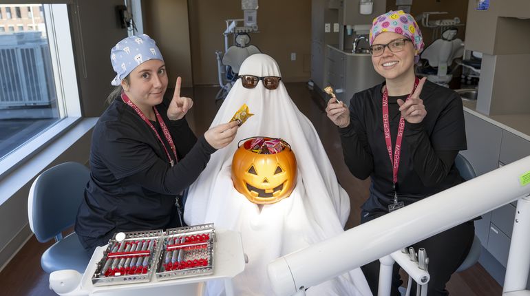 Ghosts sitting in a dental chair at MCPHS’s Forsyth Dental Hygiene Clinic in Worcester. (Mel Ostrowski photo)