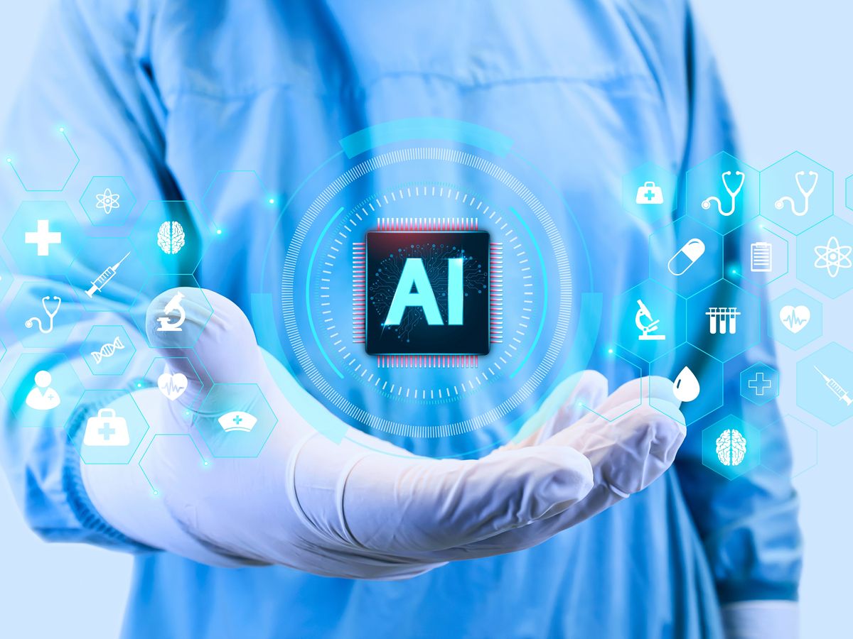 Doctor analyzes an artificial intelligence processor isolated on celestial background.