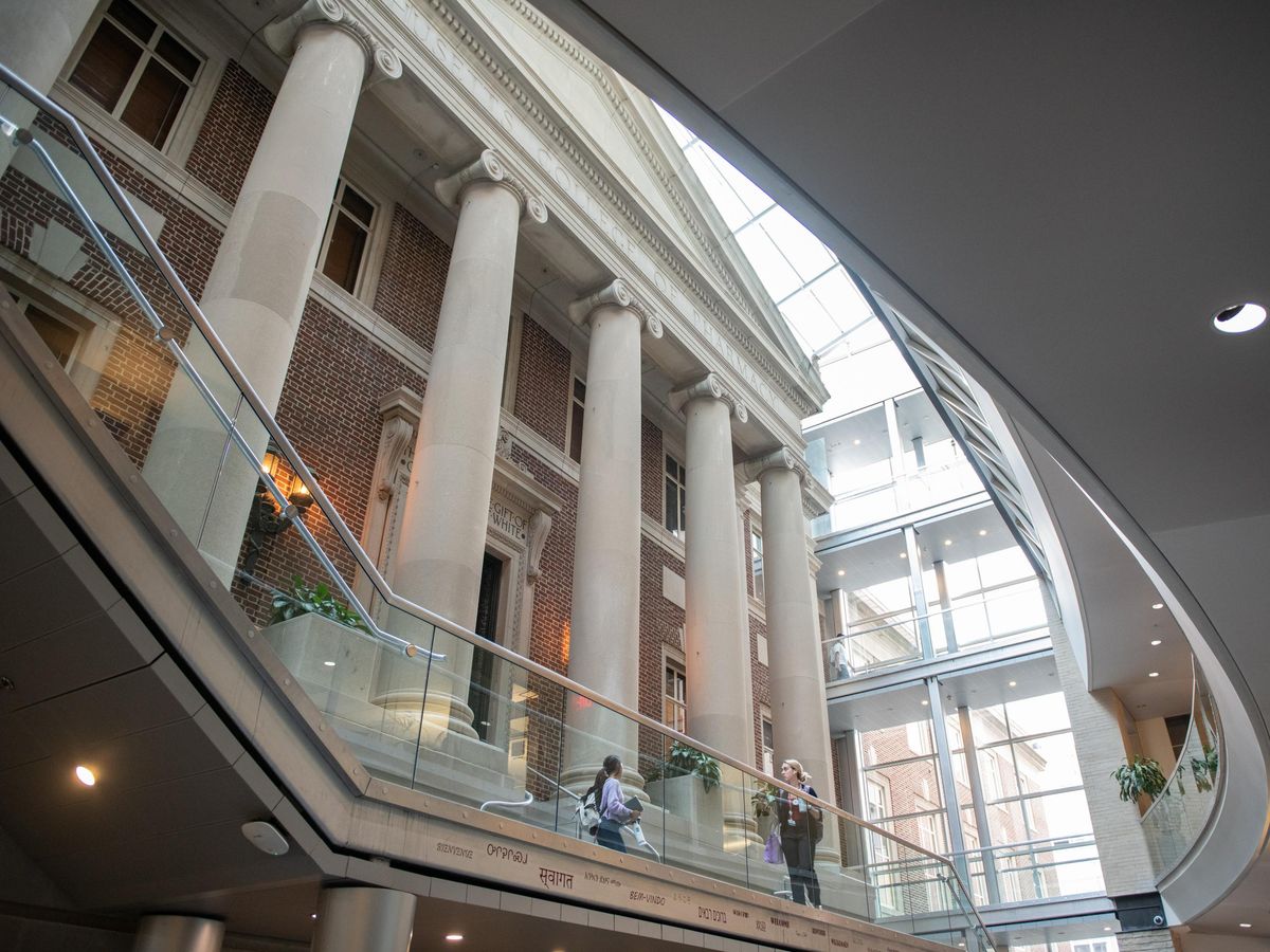 Columns inside the Boston Campus entryway. 