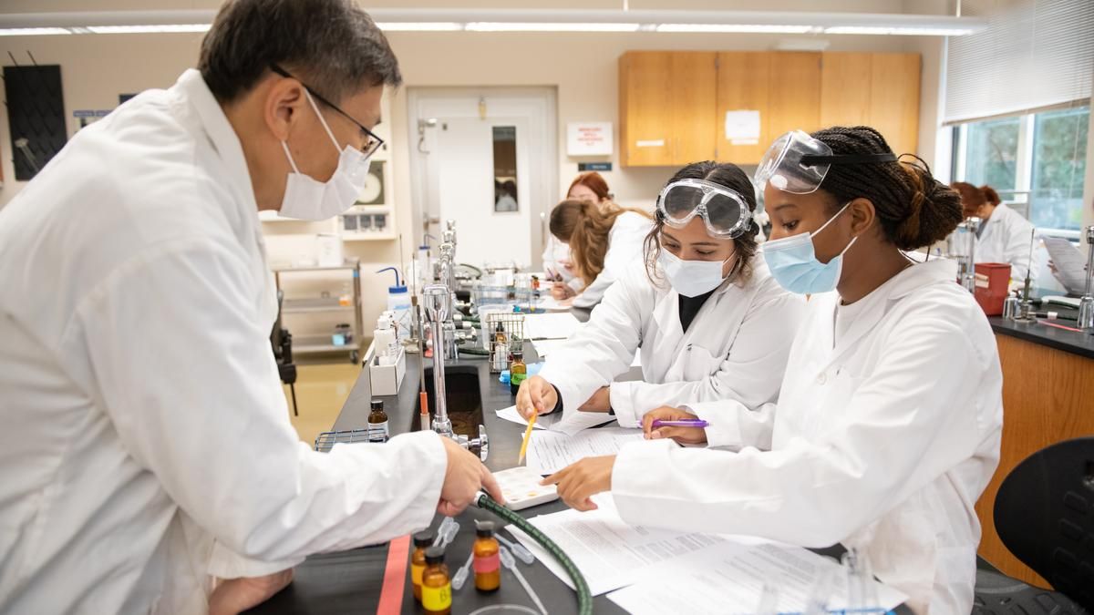 Faculty and students working in a lab.