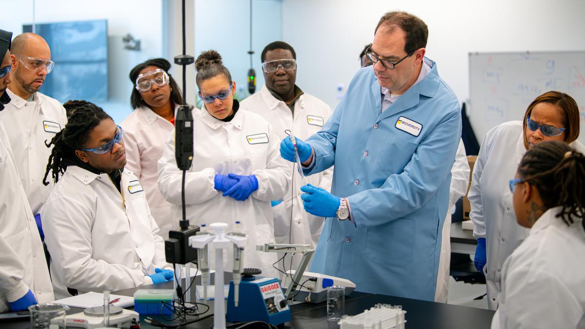 Students and Professor in a lab.