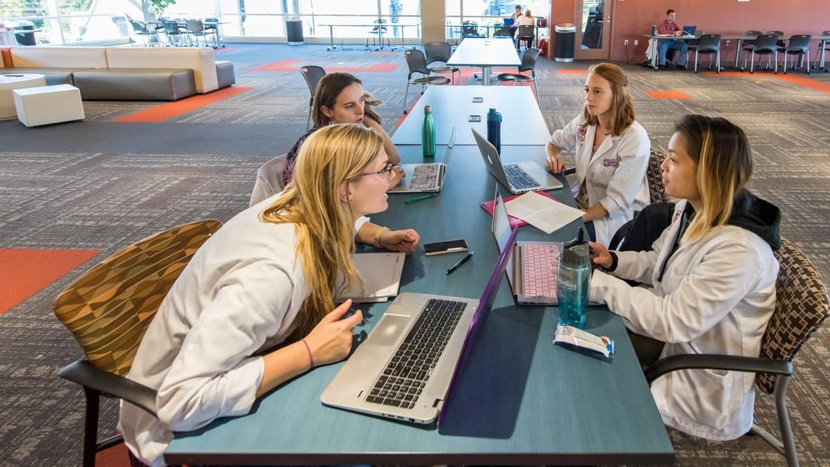 4 female students sitting a a table with laptops and talking. 