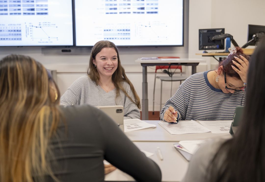 Smiling female student with other students in a classroom. 