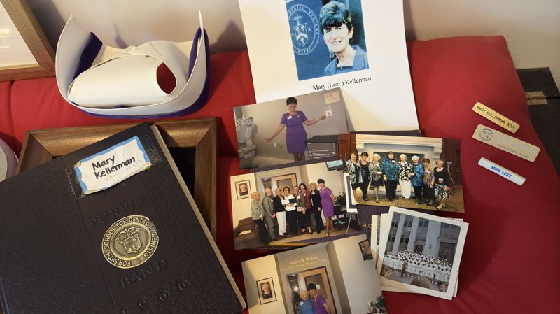 Mary Kellerman, Forysth School of Dental Hygiene Alum, old photos and name tags. 