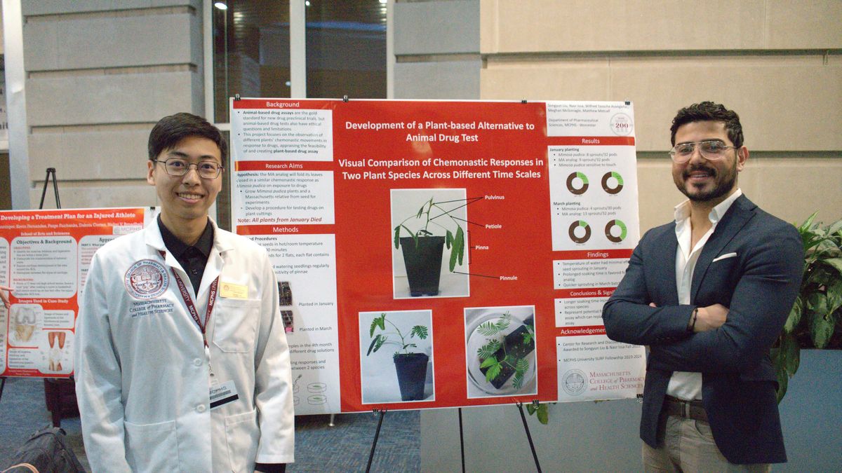 Two male pharmacy students standing in front of posters. 