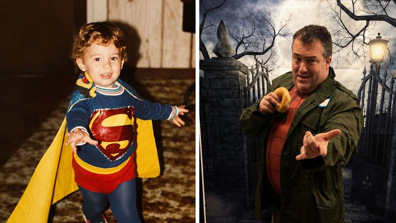 MCPHS Faculty Member, A. David Lewis, in a Superman costume as a child and posing as Spiderman as an adult.