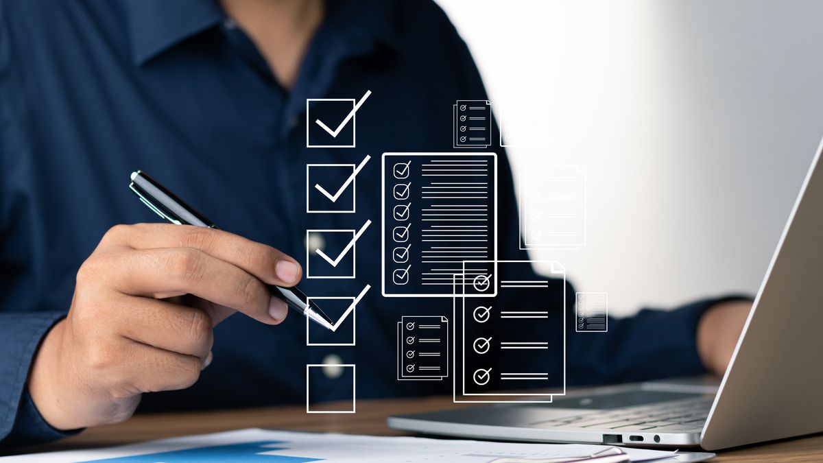 Digital Checklists for efficient business management, Businessman touching marking on checklist guide to paperless assessment and Future Success, Streamlining operations with online surveys.