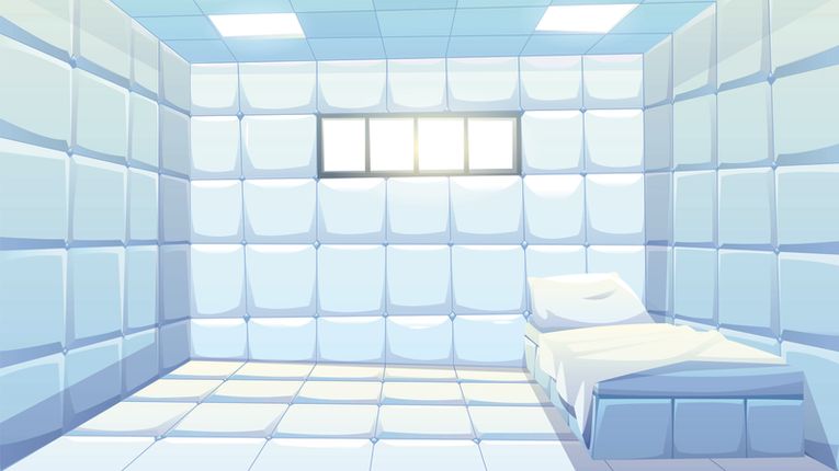 Asylum, madhouse empty interior with bed, white padded soft walls