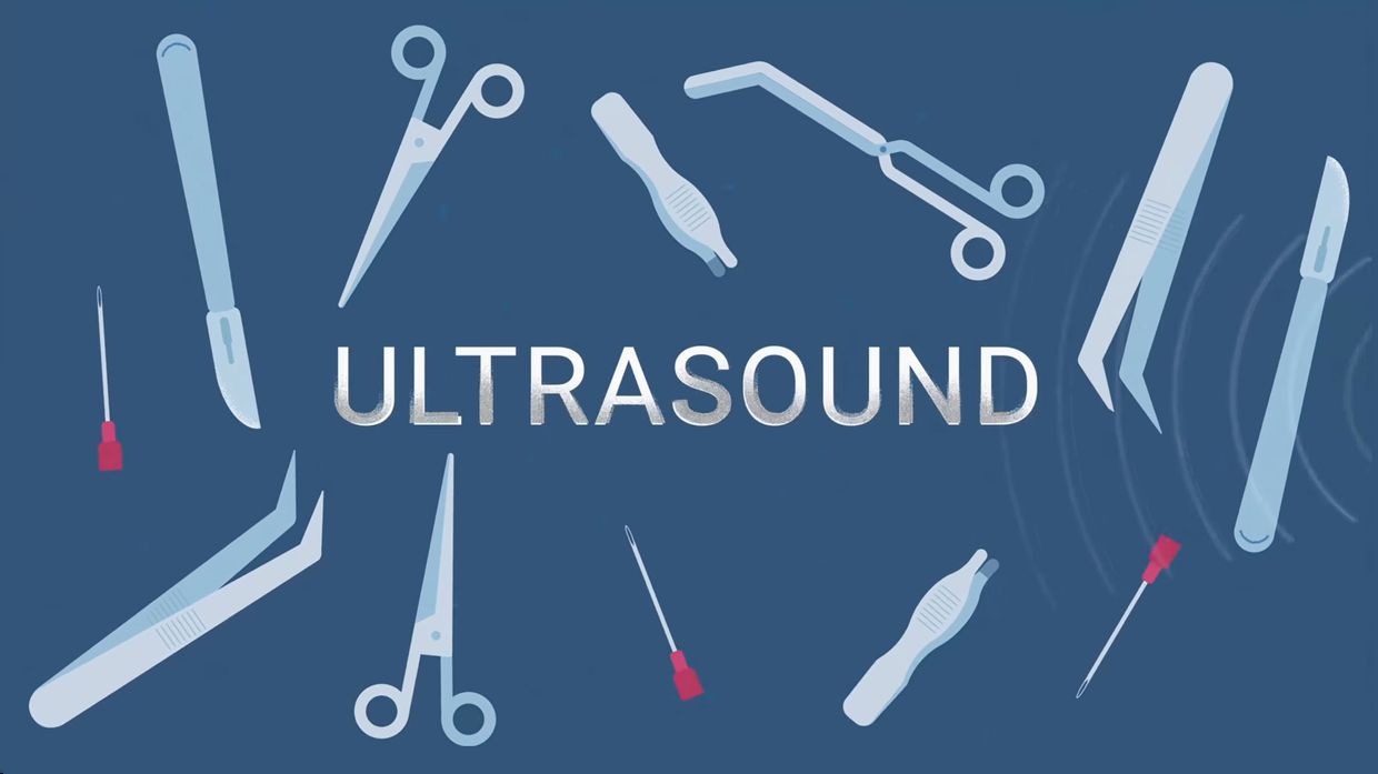 Illustration with the word "ultrasound" with scapels, needles and scissors.