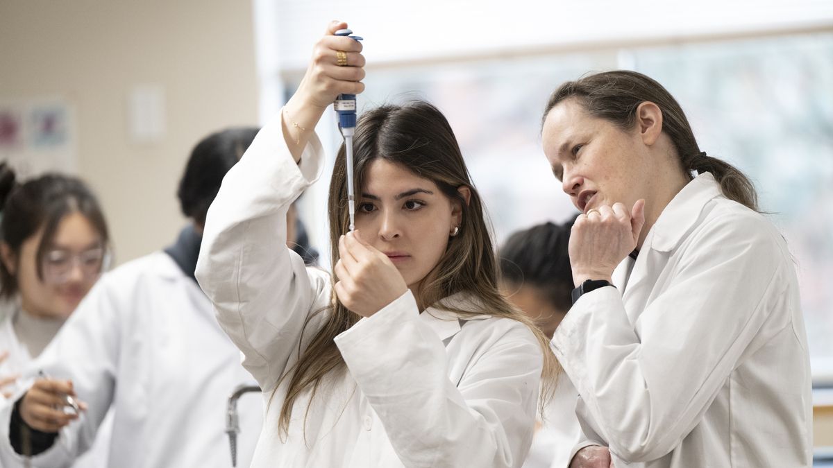 Student's working in big lab classroom, interacting with one another and the professors.