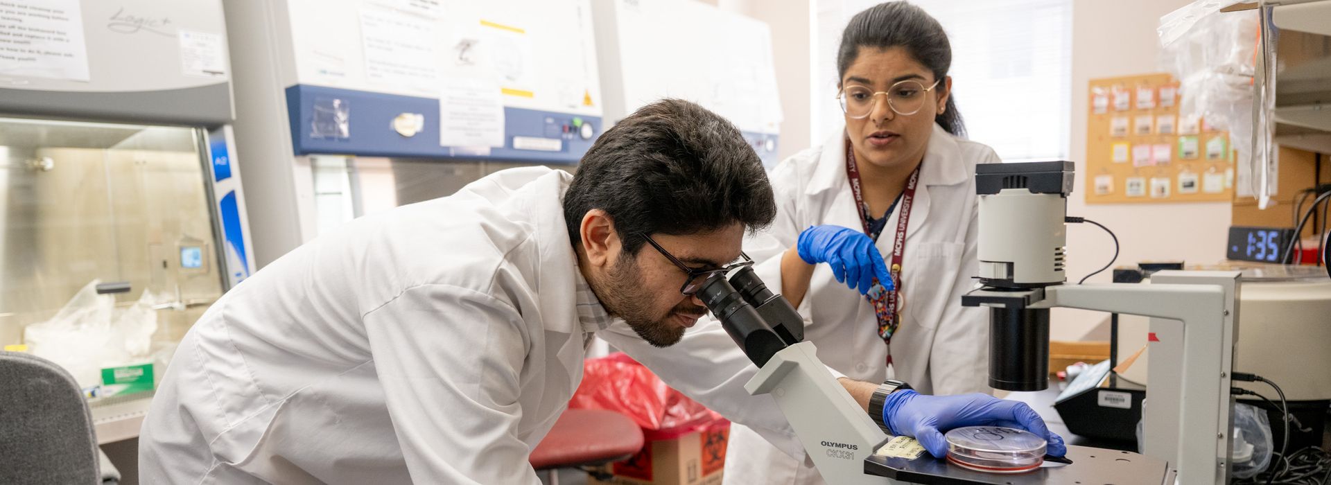 Students in a lab looking through microscope. 