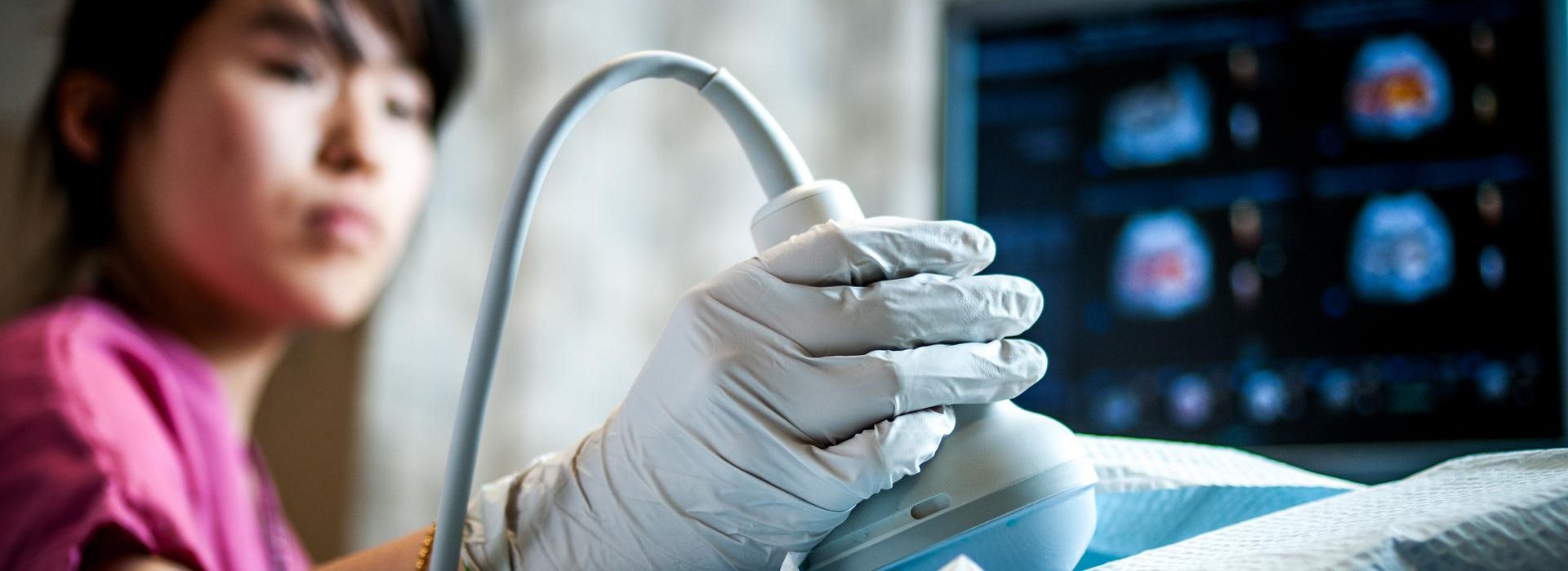 Student in MCPHS Diagnostic Medical Sonography lab.