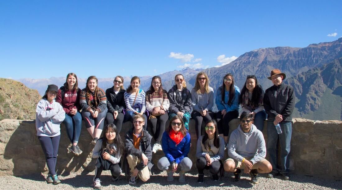A large group of MCPHS students on a service learning trip to Peru with the mountains in the background