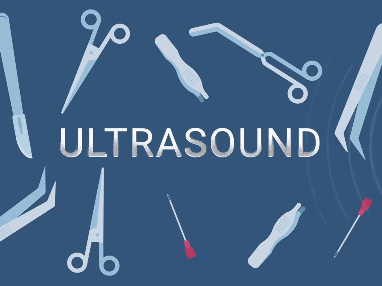 Illustration with the word "ultrasound" with scapels, needles and scissors.