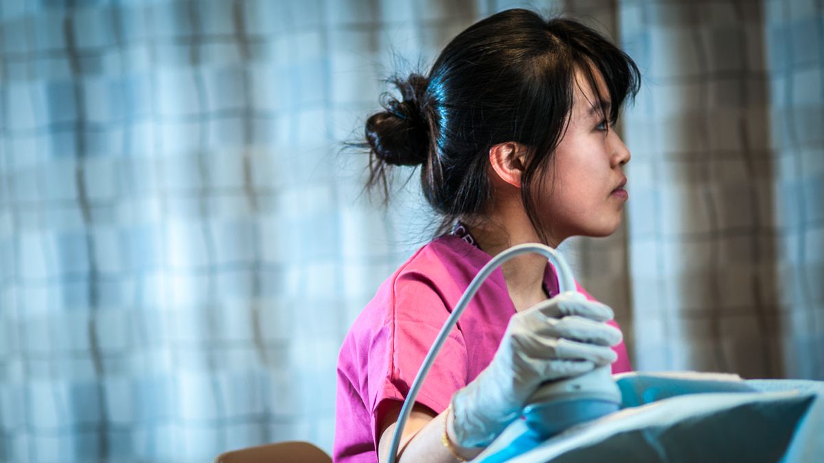 Student in MCPHS Diagnostic Medical Sonography lab.