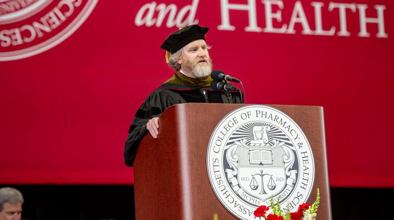  Timothy “TJ” Parker speaking at MCPHS Commencment 2026.