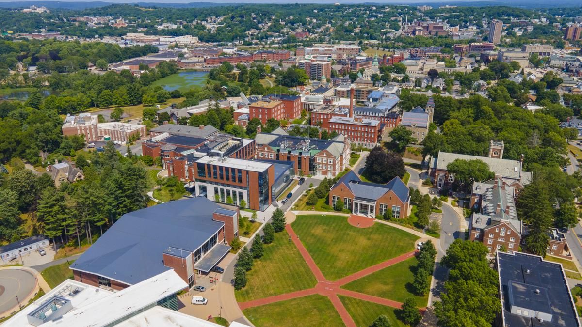 Aerial view of Worcester, Massachusetts with the WPI quad in the forefront