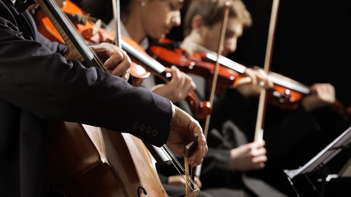 Three members of an orchestra play a cello and violins