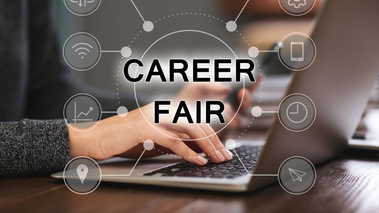 hands typing on a keyboard with career fair graphic overlay
