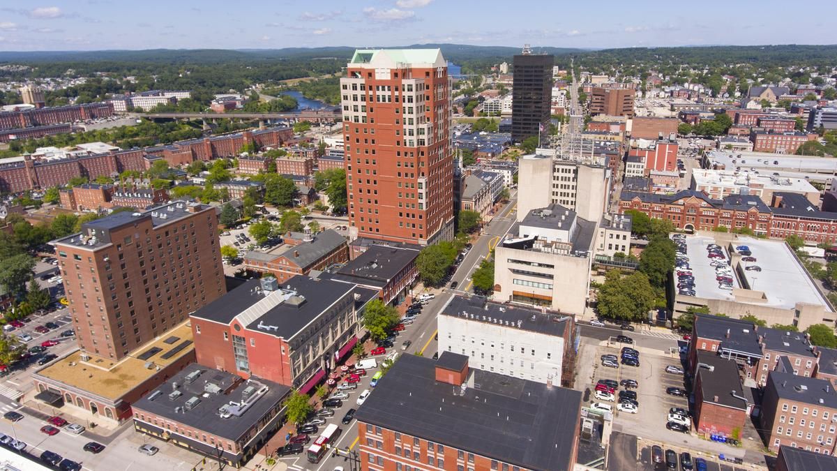 Aerial view of Elm Street through downtown Manchester, New Hampshire