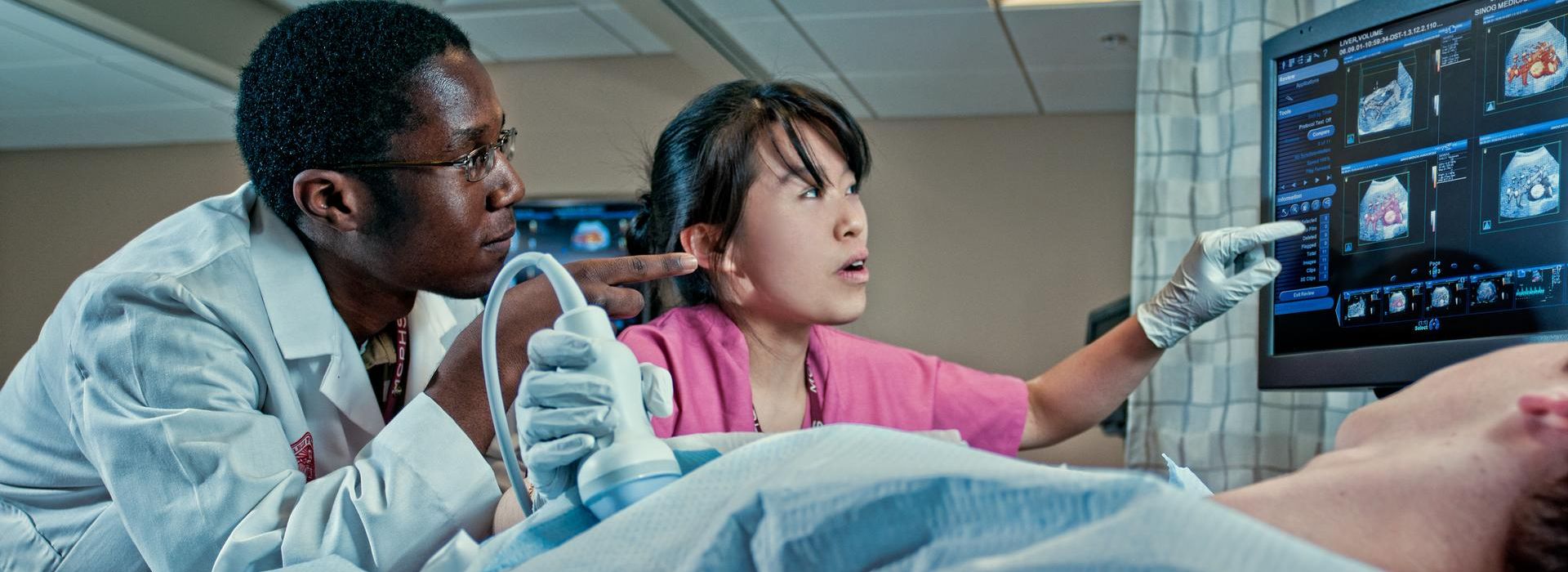 Student in MCPHS Diagnostic Medical Sonography lab.