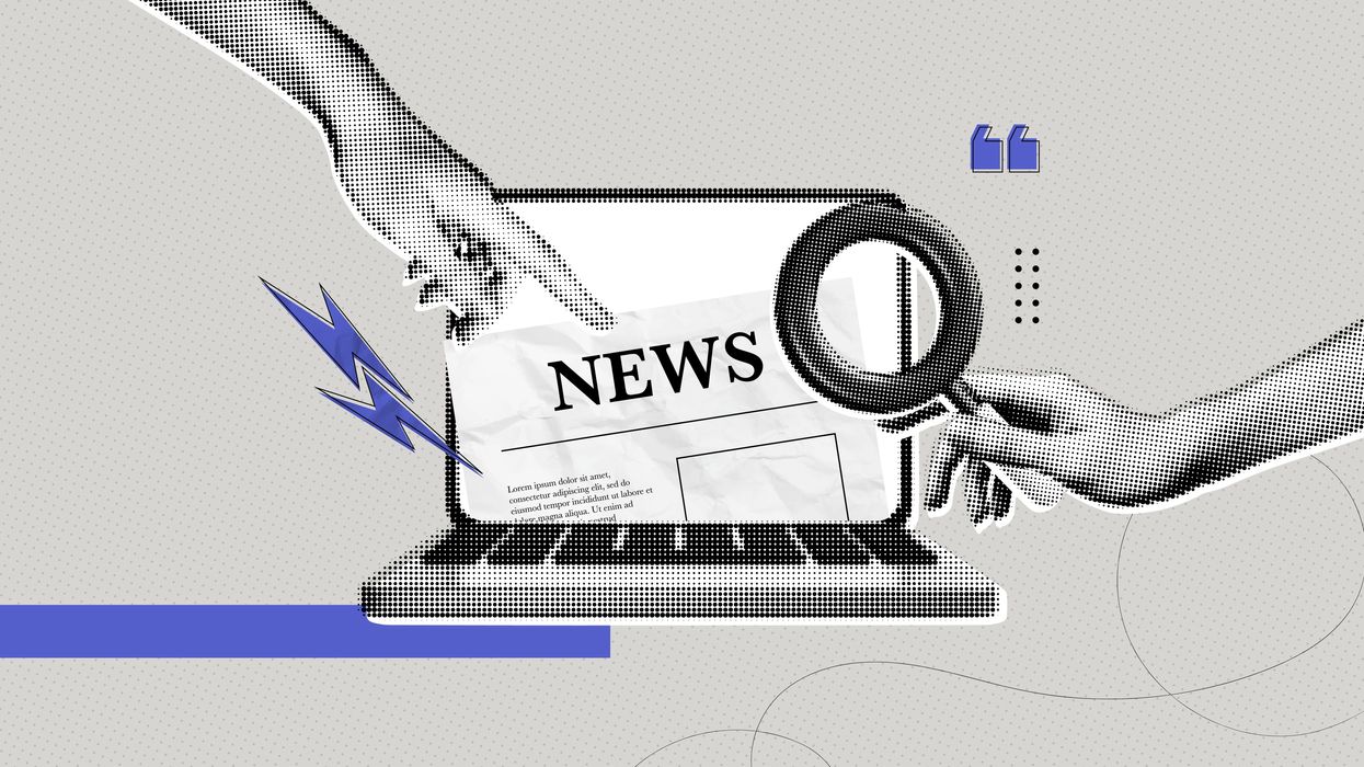 Trendy Halftone Collage Computer laptop with newspaper and hands.