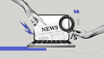 Trendy Halftone Collage Computer laptop with newspaper and hands.