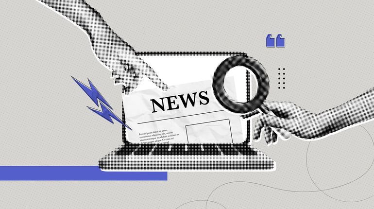 Trendy Halftone Collage Computer laptop with newspaper and hands.