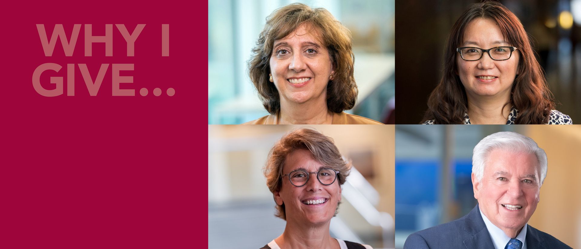 "Why I Give" Four smiling alumni faces. 
