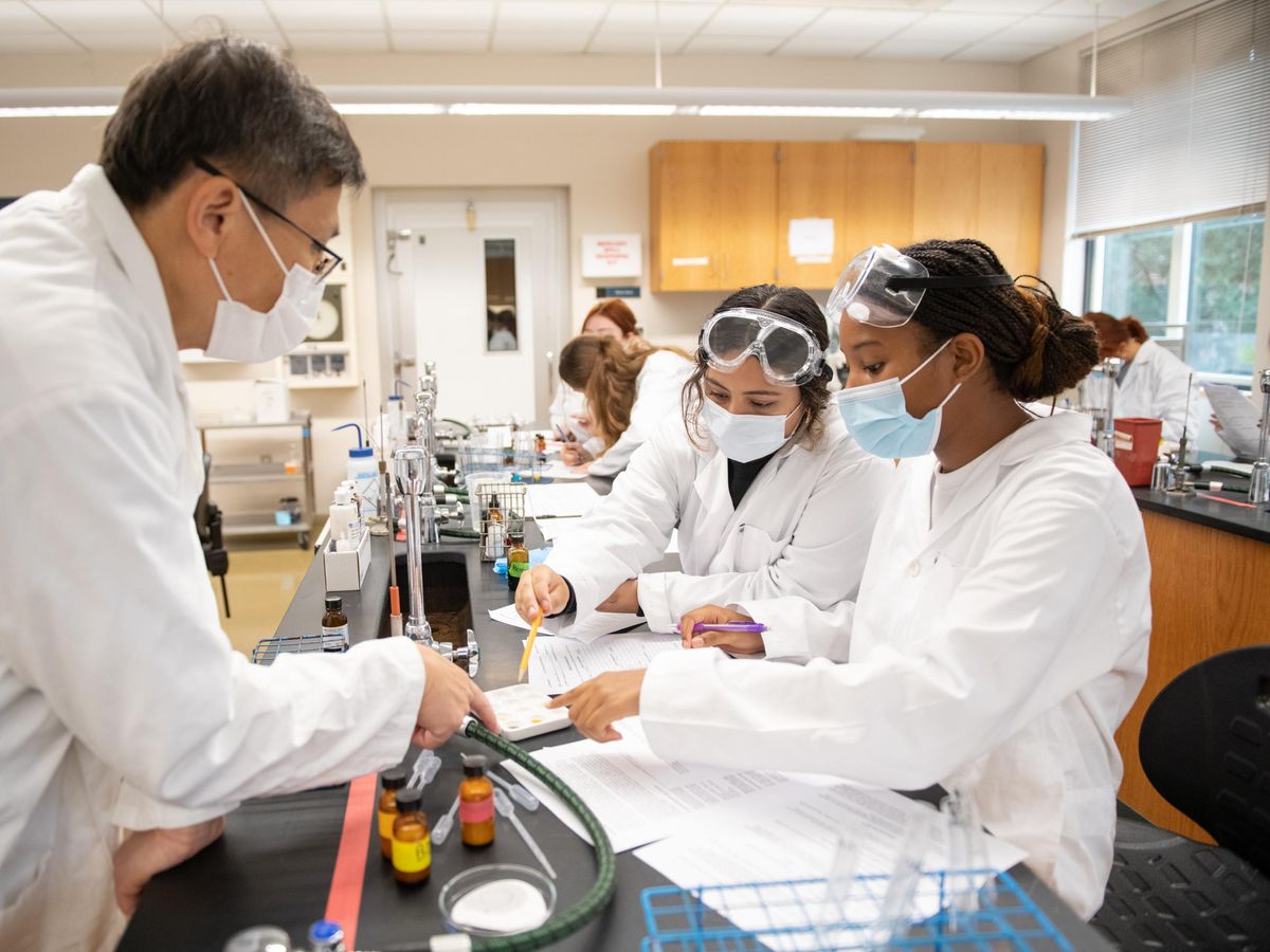 Faculty and students working in a lab setting. 